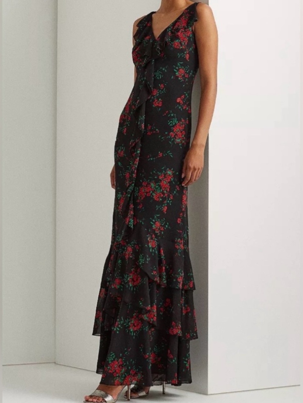 RALPH LAUREN MODERN ROMANTIC MOODY FLORAL GEORGETTE RUFFLED TIERD GOWN